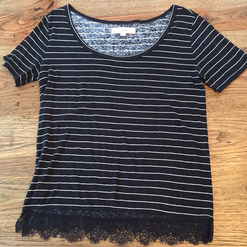 Loft Striped Tee Shirt with Lace Trim